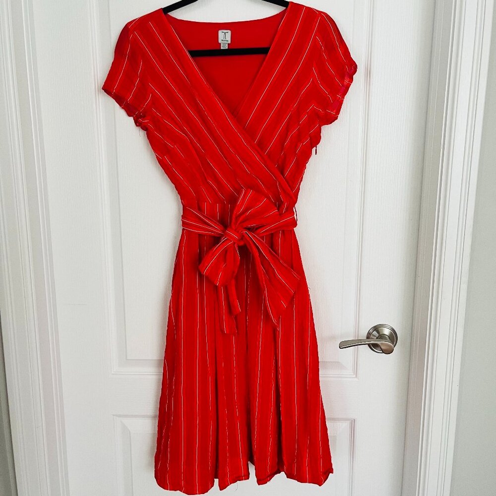 Tristan Red Striped Faux Wrap Cotton Blend V Neck Dress with Tie Belt Cap Sleeve
